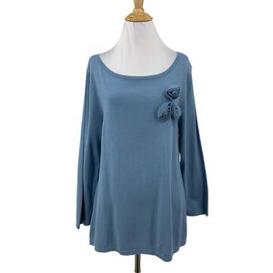 DLG Sweater Women L Large Blue Nylon Blend Floral Applique Boat Neck Long Sleeve